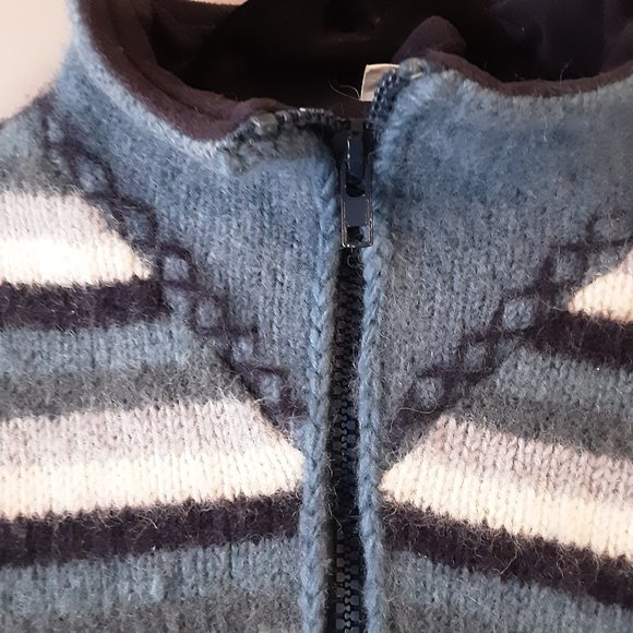 Made in Nepal Polar Fleece Lined Chunky Wool Sweater | Blue White | S-M - Picture 7 of 12